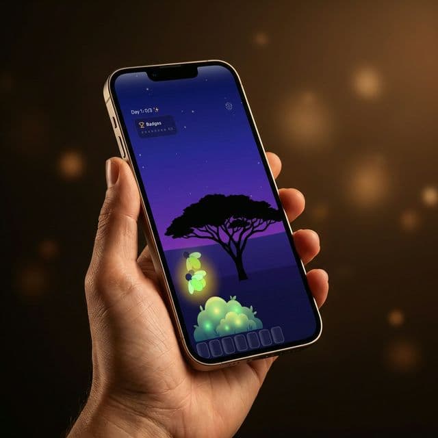 Hand holding phone showing firefly catching scene