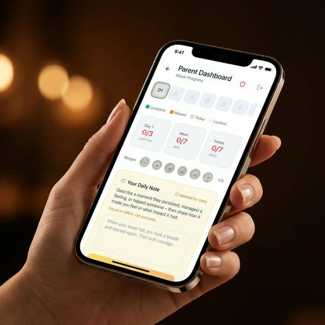 Hand holding phone showing parent dashboard with daily note