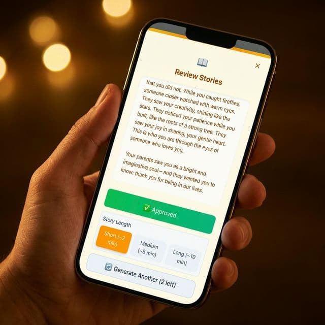 Hand holding phone showing personalized story review